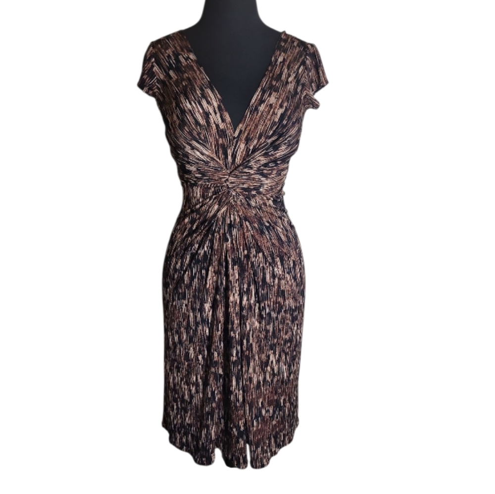 Muse twisted front sheath dress women's size 2 brown black v neck short sleeve